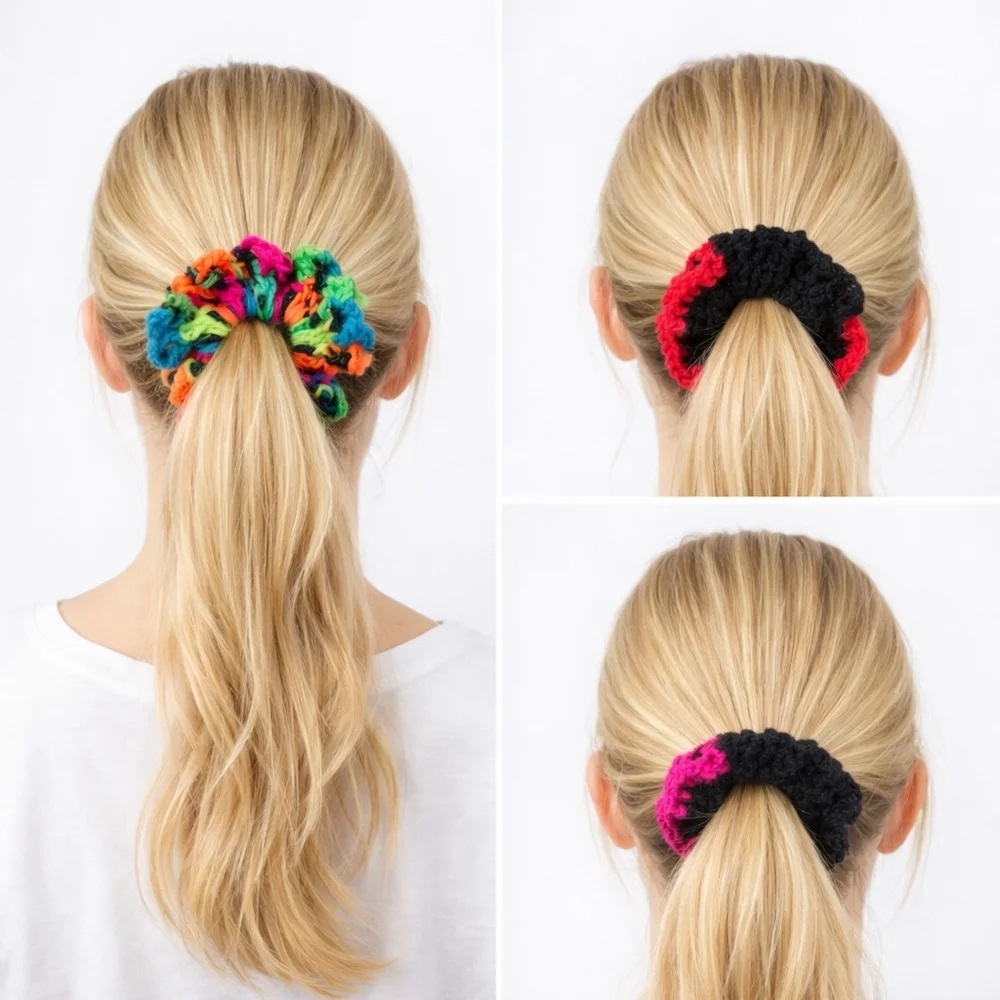 Handmade Textured Crocheted Scrunchies Ponytail Holder Hair Tie Set Of 4 - New